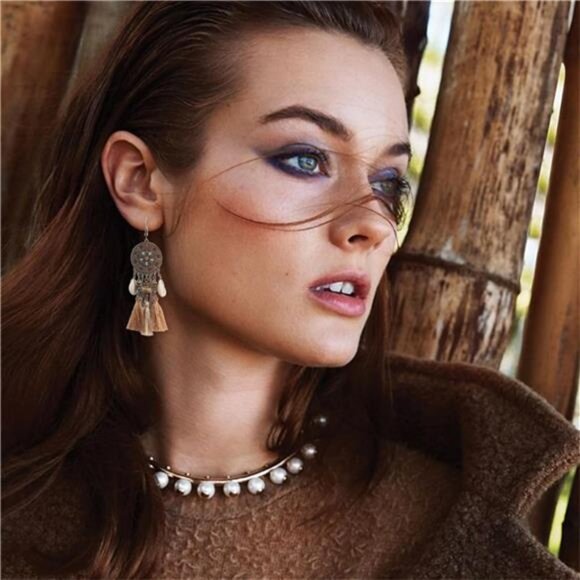 Boho Dreamcatcher Tassel Earrings | Feather & Turquoise Dangle Designs - Picture 2 of 7